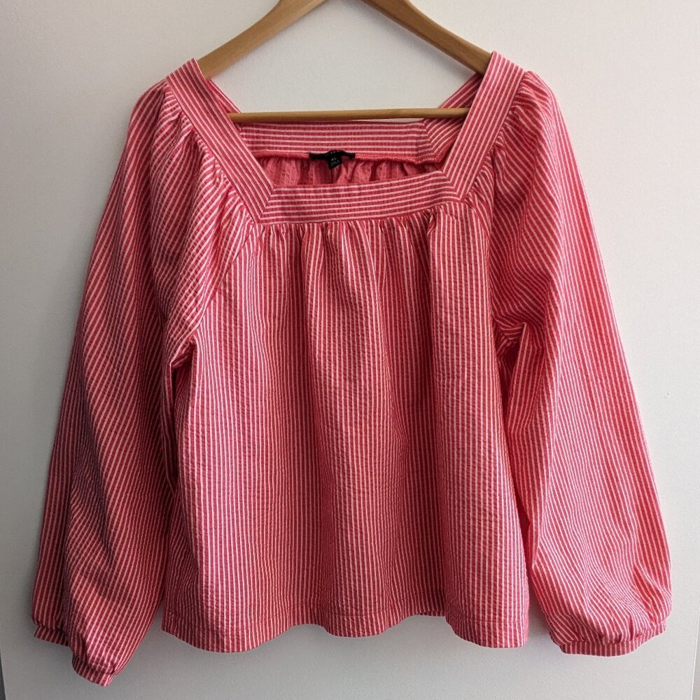 J Crew | Gauzey Pink White Stripe Square Neck Puff Sleeve Loose Cotton Blend XL